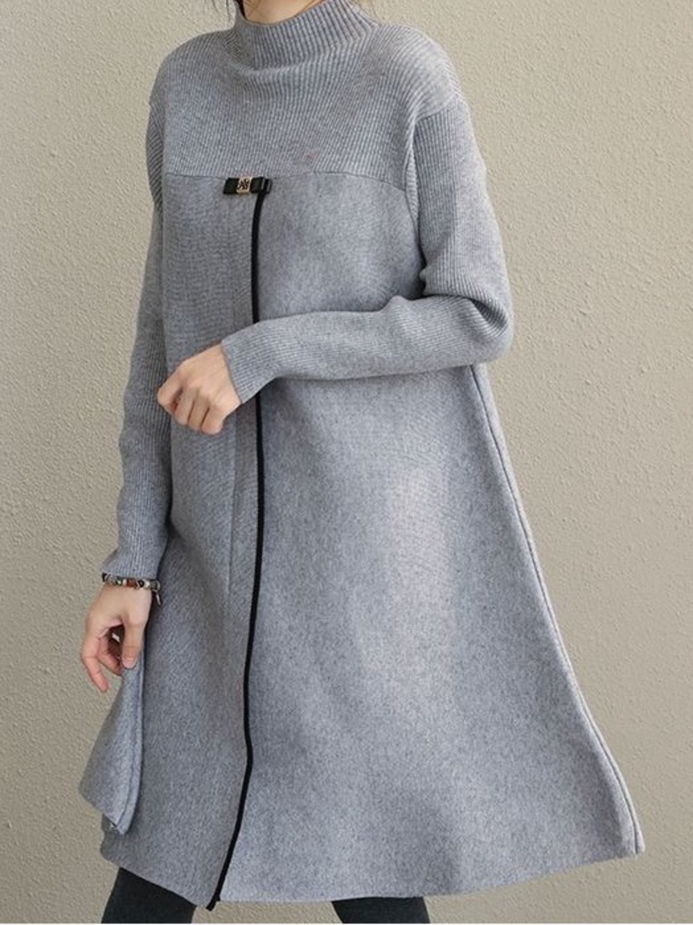 Gray A-Line Mock Neck Knit Sweater Dress Black Bow Korean Minimalist